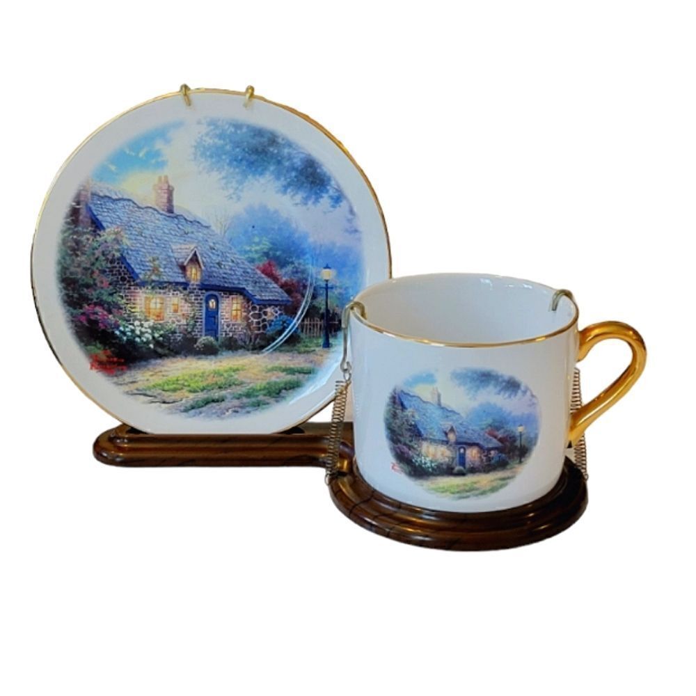 Thomas Kinkade "Moonlight Cottage" Decorative Cup & Saucer With Stand